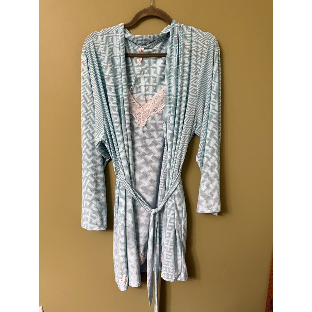 Simply Southern Blue Greek Key Robe and Lace Trim Nightgown Set XXL - Picture 2 of 9